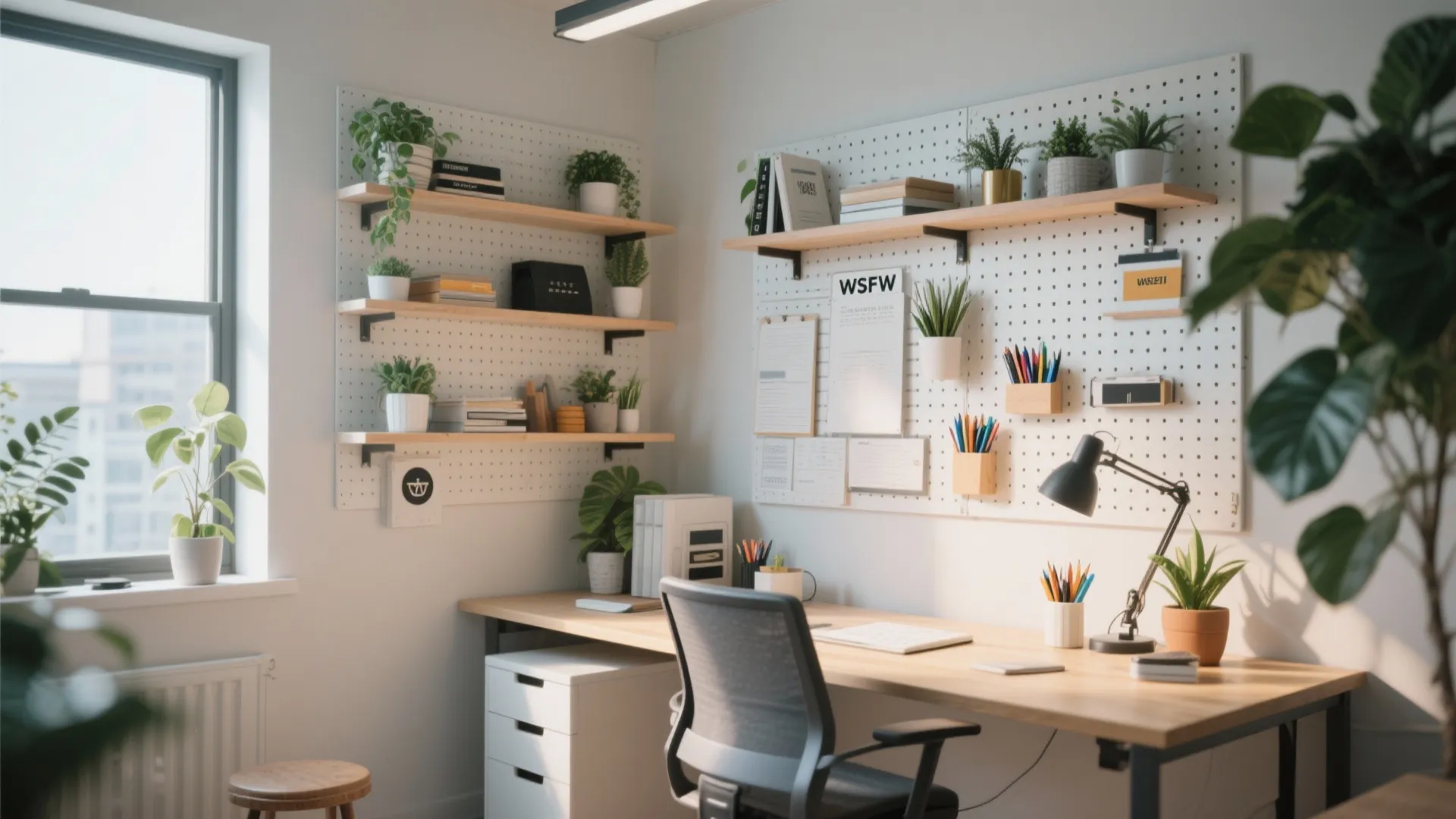 Home office desk area featuring white pegboard storage with shelves potted plants and a chair