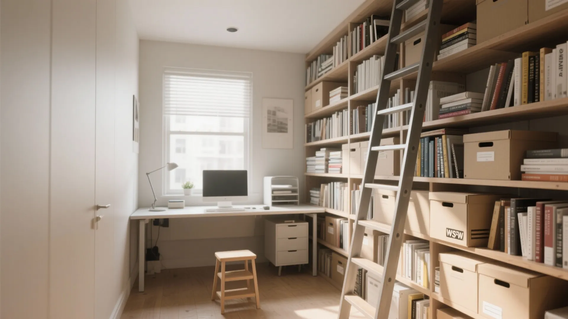 Small office with tall ladder-style shelving for vertical storage