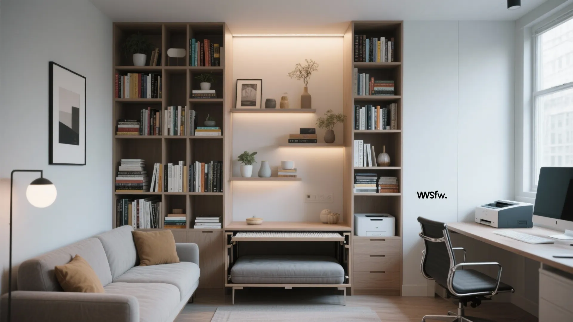 Vertical storage with shelves over a sleeper sofa in a home office