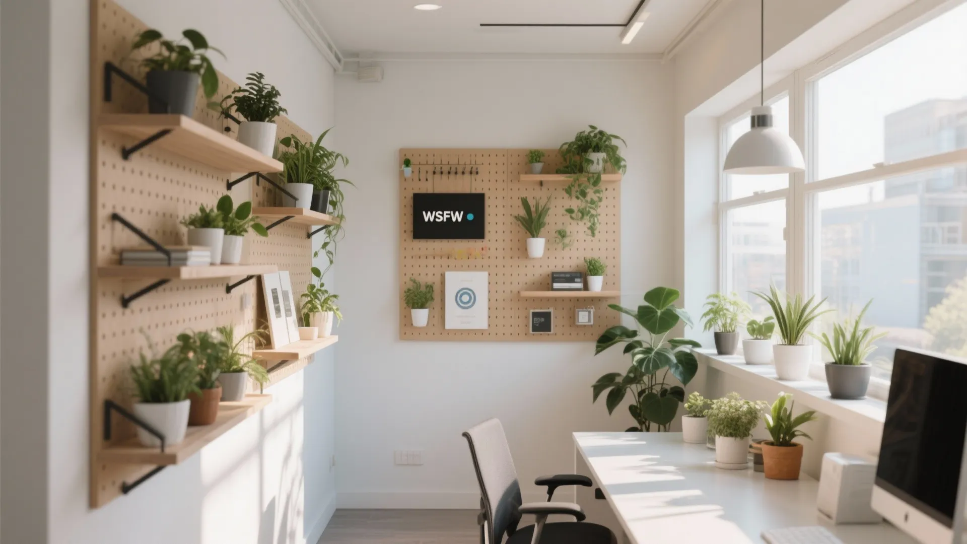 Vertical shelves and pegboard storage in a small office