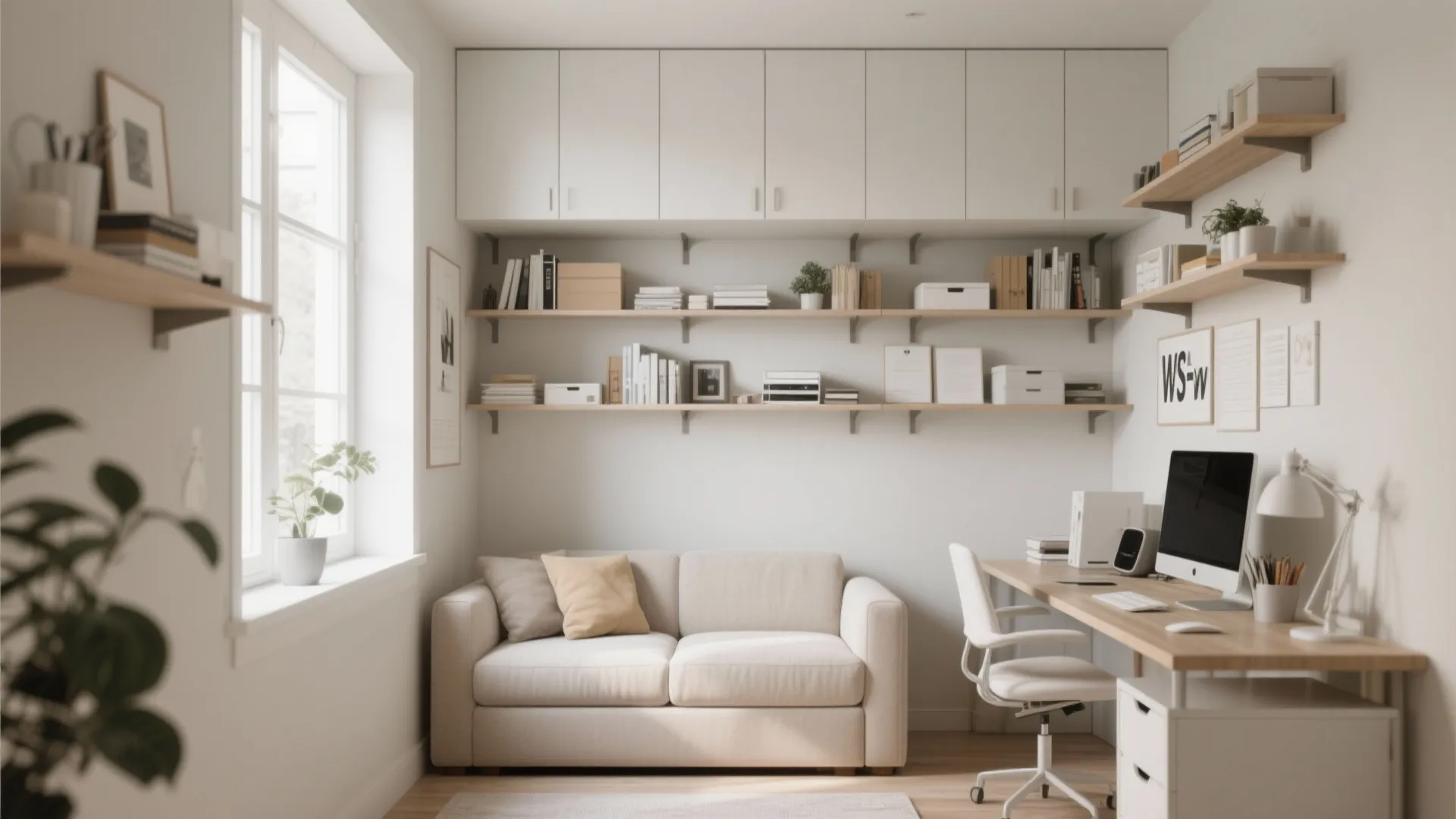 Home office with vertical wall shelves above sleeper sofa