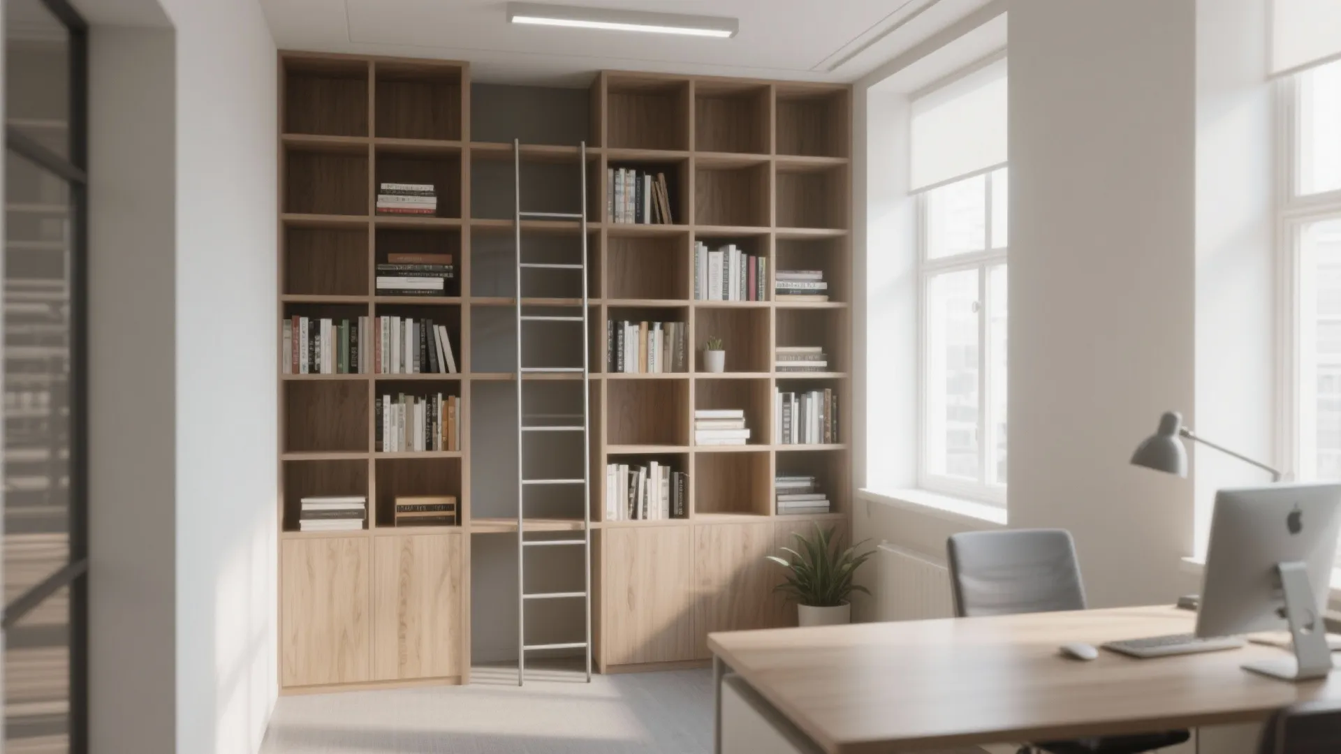 Floor-to-ceiling shelving creating vertical storage in a small office