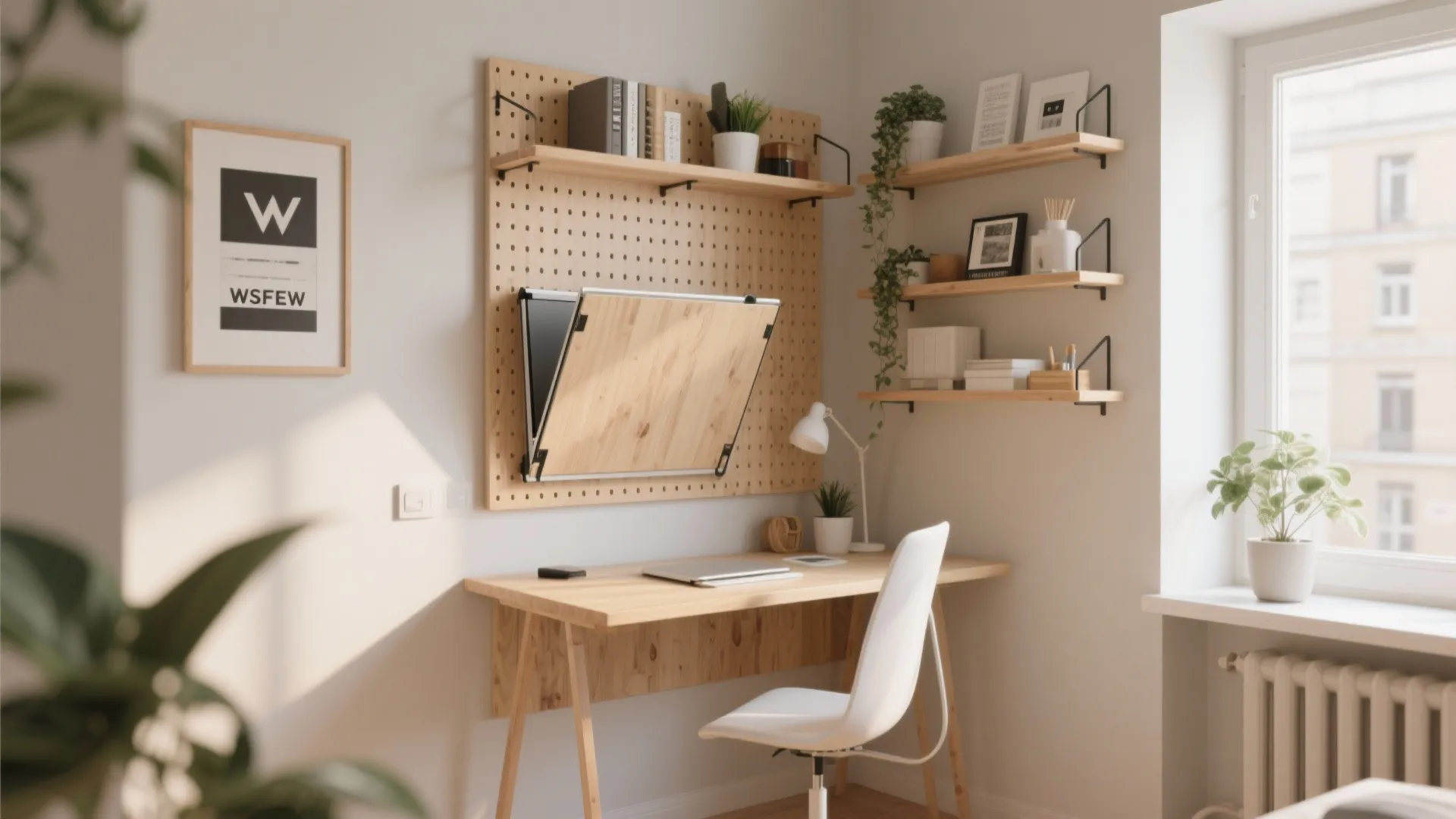 Small home office with wooden desk white chair wall shelves pegboard and natural window light