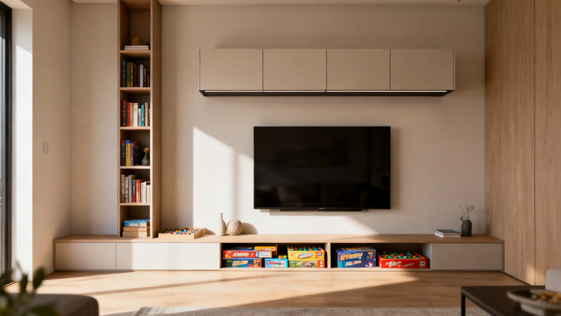 Tall narrow shelving and floating cabinets above a media wall keeping the floor visually open.