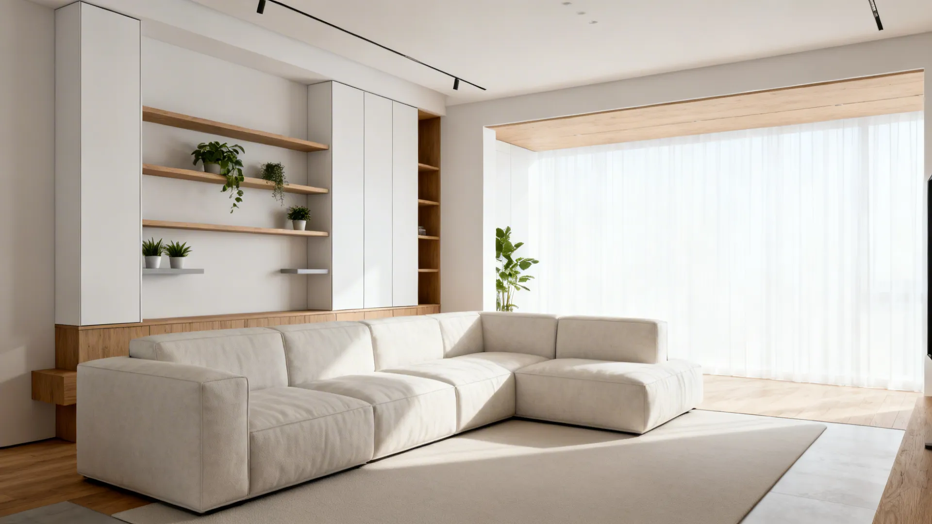 Large sofa opposite floating shelves and vertical cabinets, keeping the floor open and balanced.