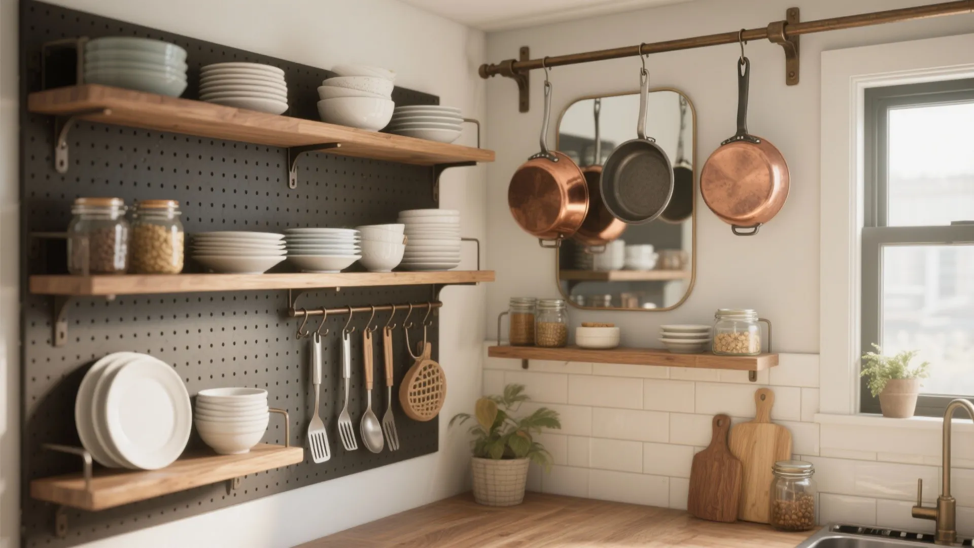 4. Create vertical storage with open shelving and hooks