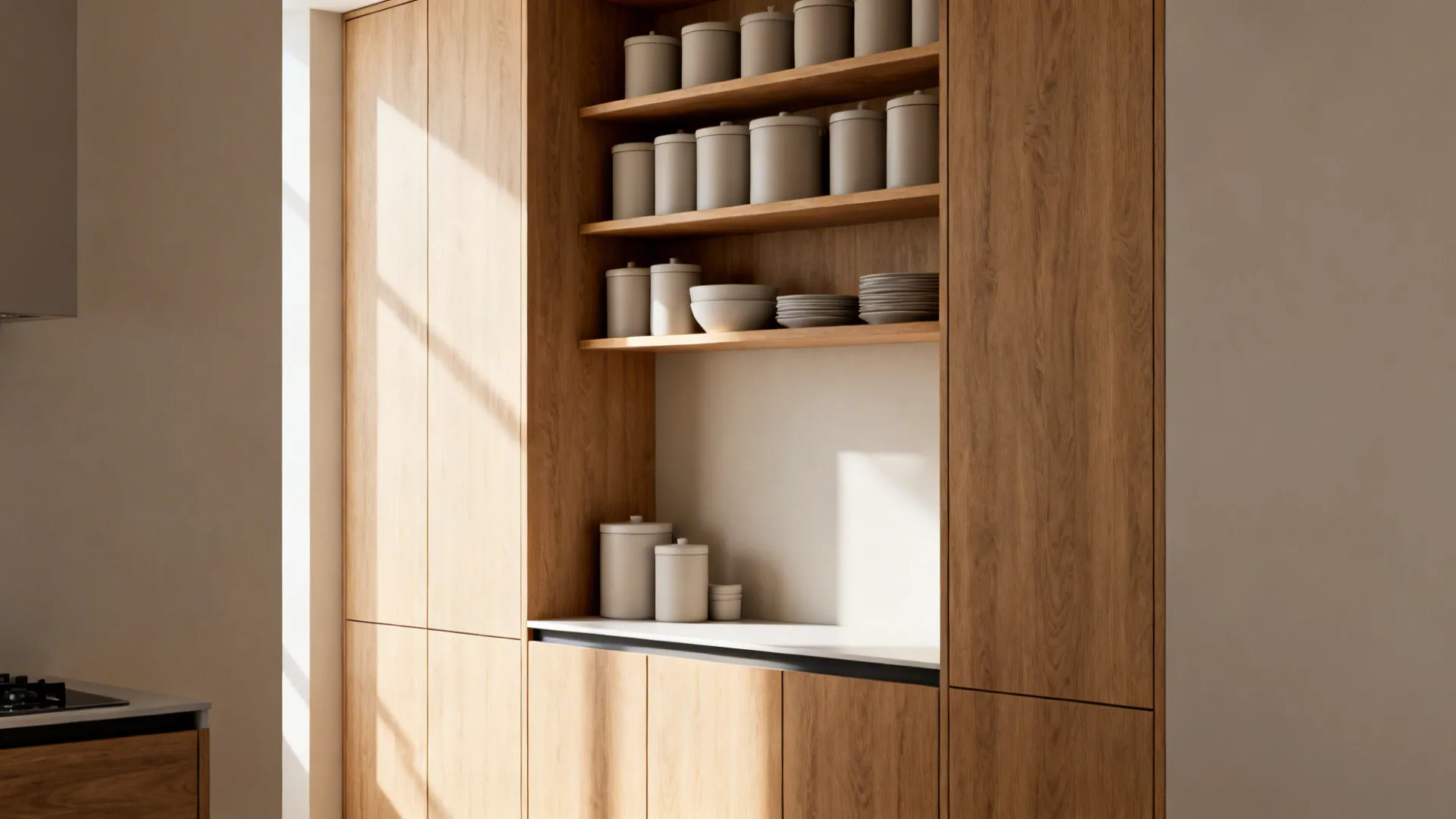 Tall cabinets and tidy open shelving with consistent containers in a small kitchen.