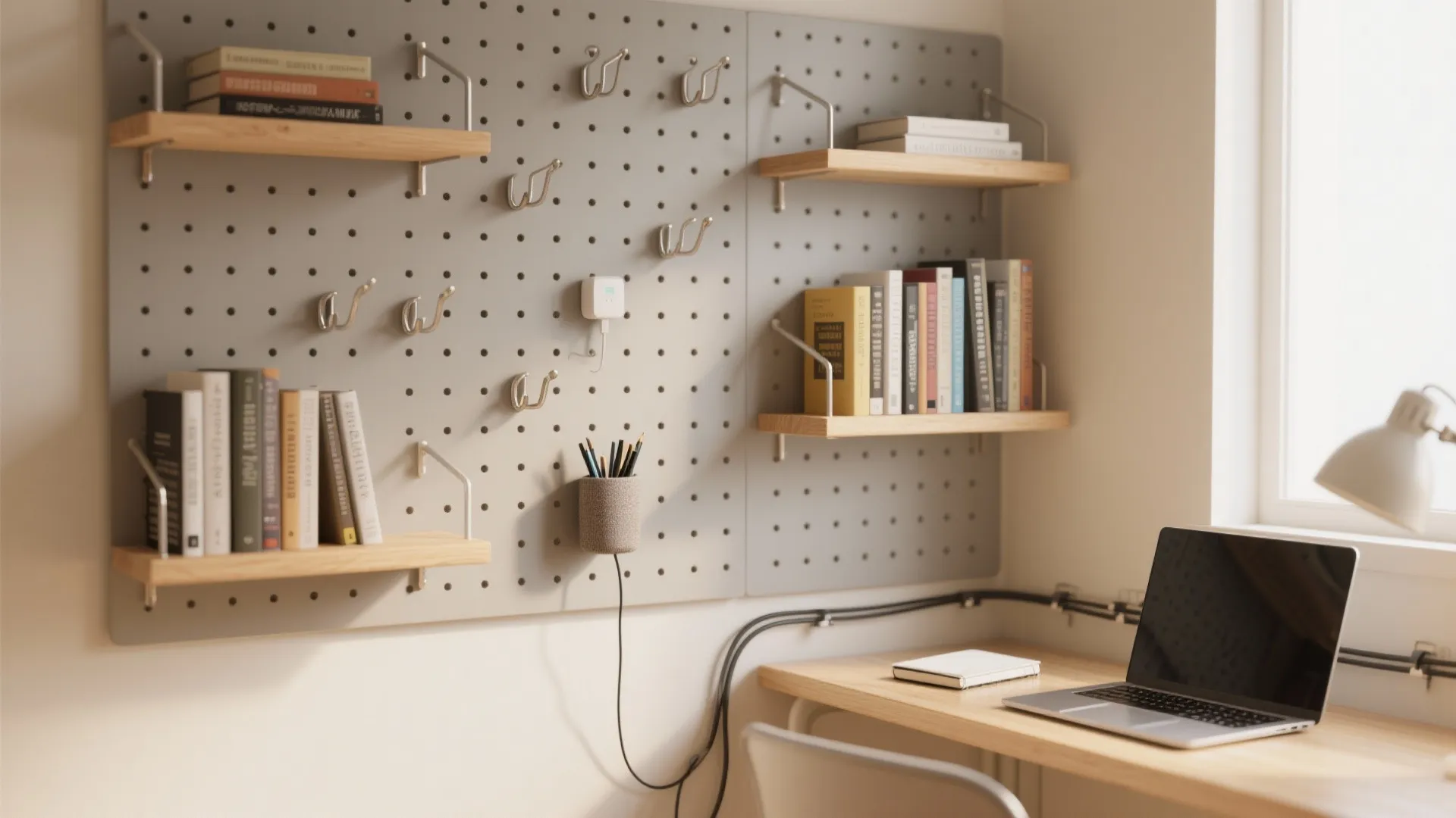 2) Vertical storage wall: pegboard + shallow shelves to free the desktop