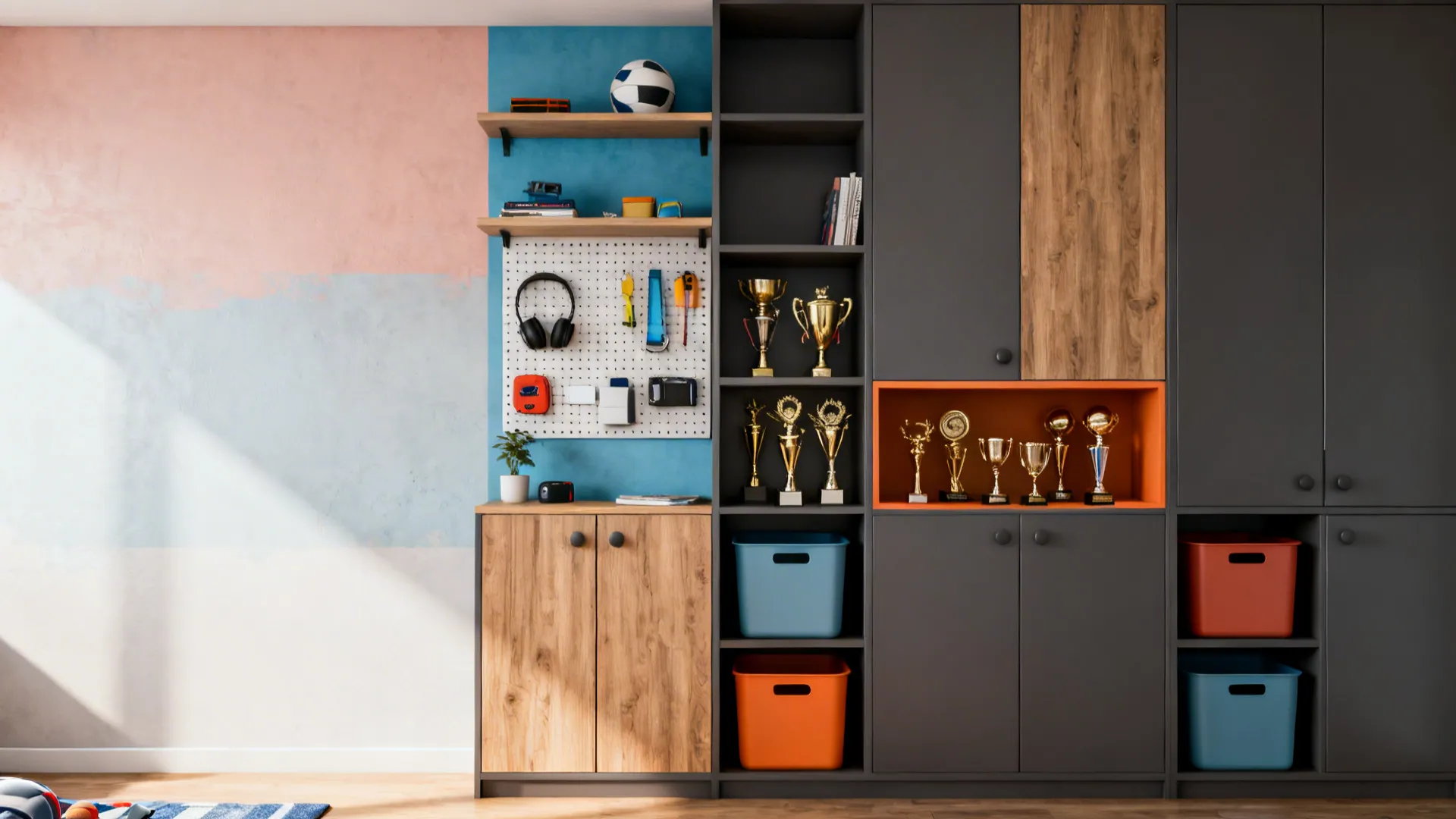 Tall shelving combining open displays and closed cabinets against a painted feature wall in a teen bedroom.