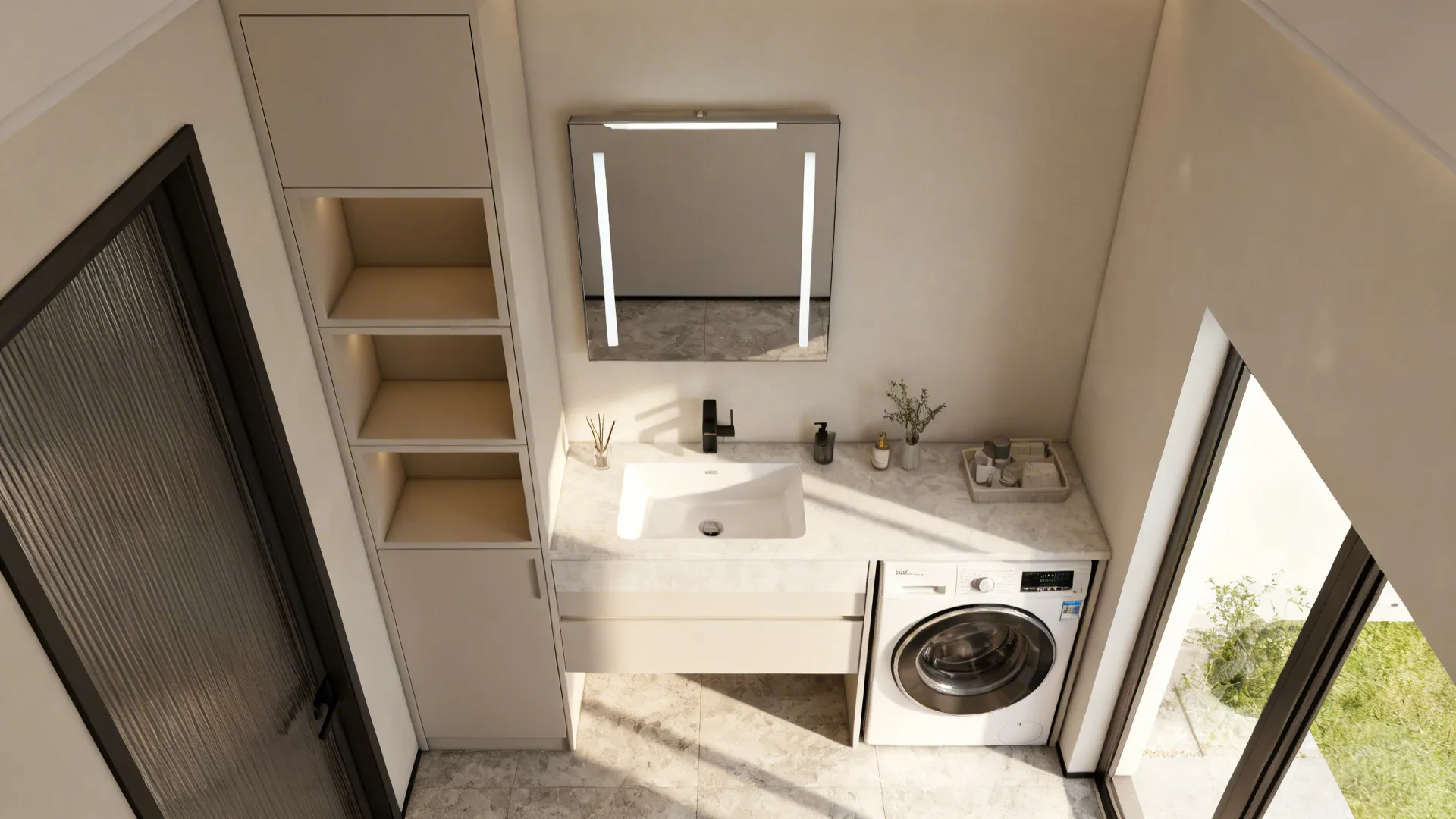 Top-down plan of a small bathroom showing tall vertical storage and multitasking fixtures.