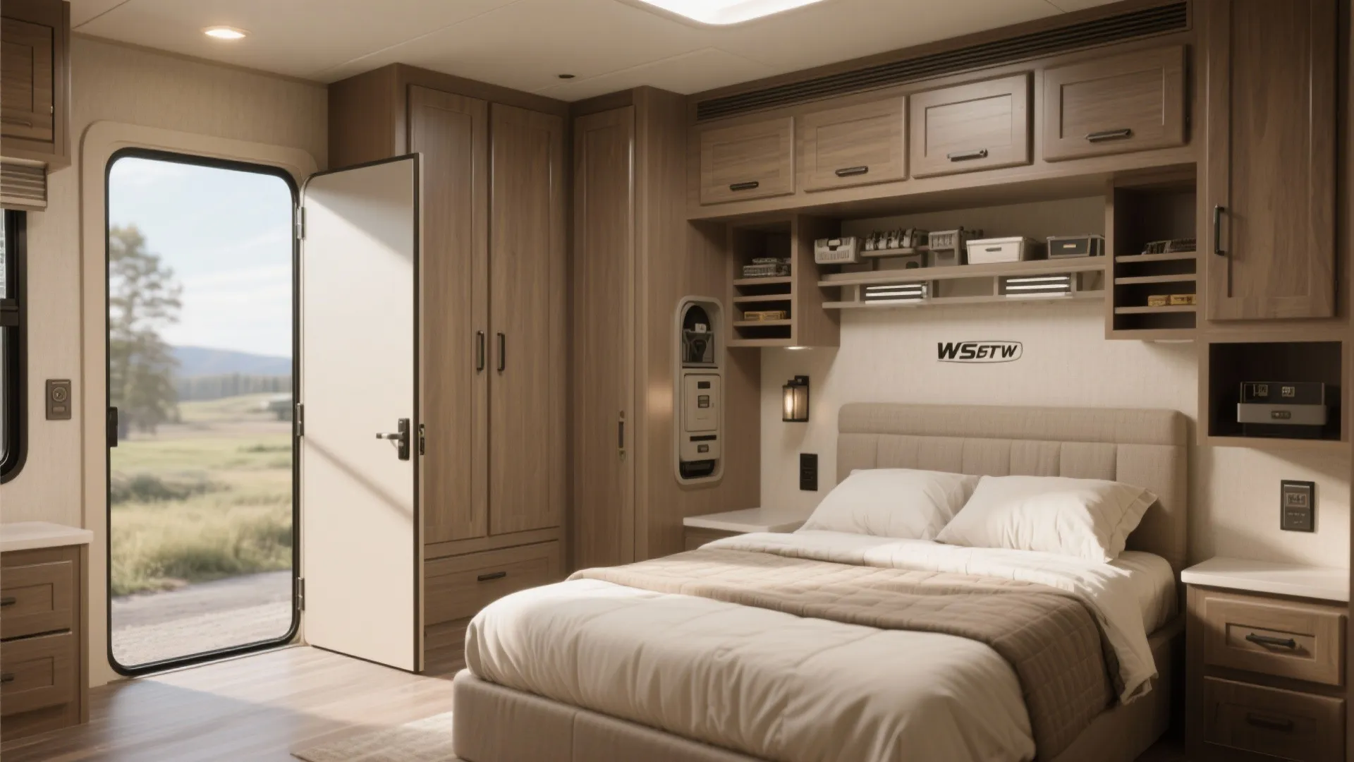 Secondary bedroom in a 5th wheel with tall cabinets, overhead storage and a pocket door