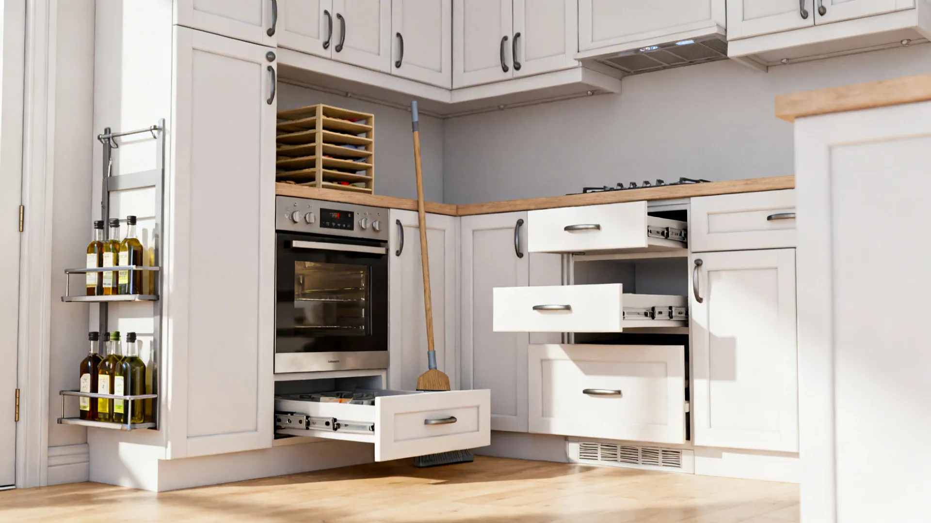 Small kitchen with slim pull-outs, tray dividers, broom cabinet, and toe-kick drawer open.
