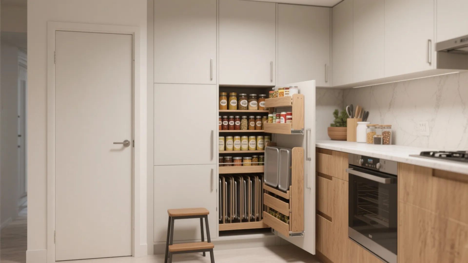 Tall white kitchen cabinet with pull out shelves for spice jars and baking sheet storage