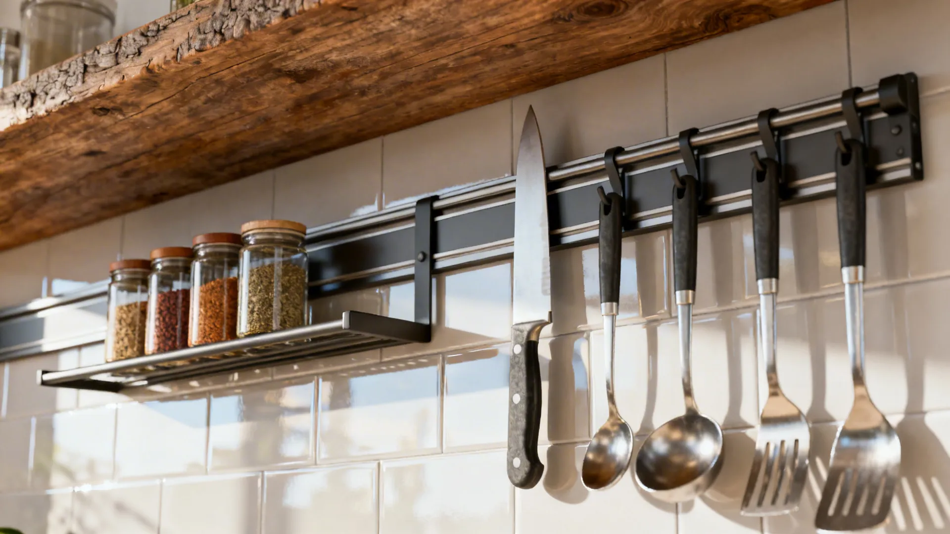 Open wall rails and magnetic knife strip with organized utensils and spice jars in a small kitchen.