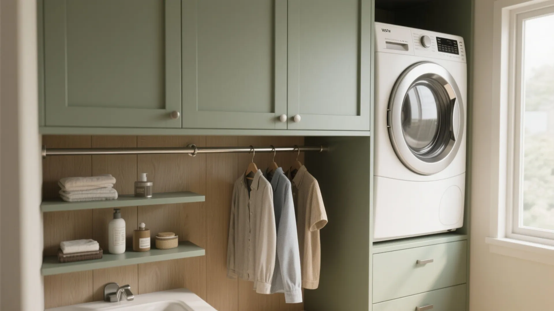 Green laundry room cabinets with hanging clothes on a metal rod next to washing machine