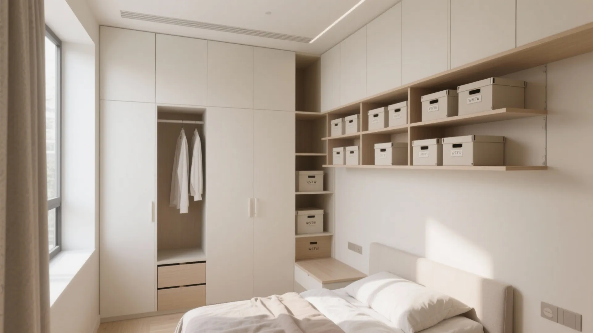 Modern white wardrobe with open hanging space and wooden shelves filled with many beige storage boxes