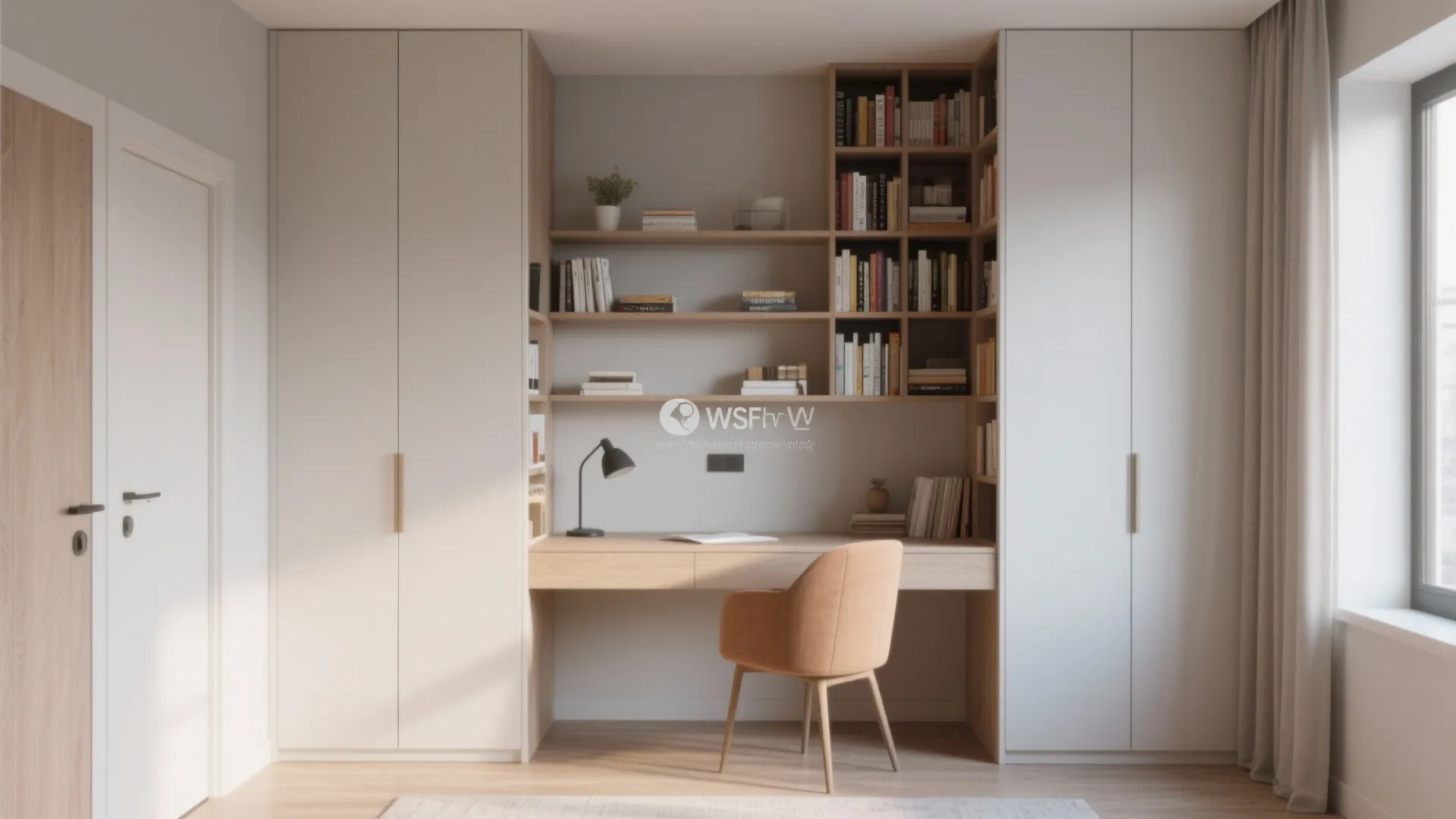 Small corner with tall shelves and high cabinets for vertical storage