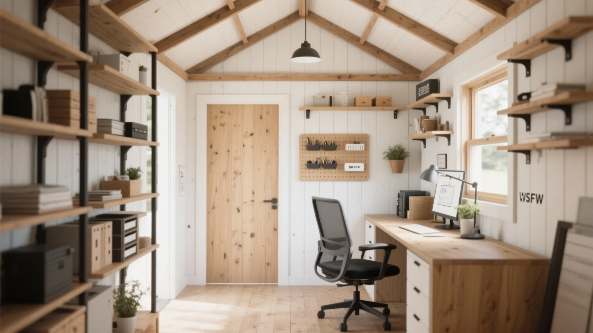 Functional garden office shed interior featuring wooden shelves a desk chair and warm natural light