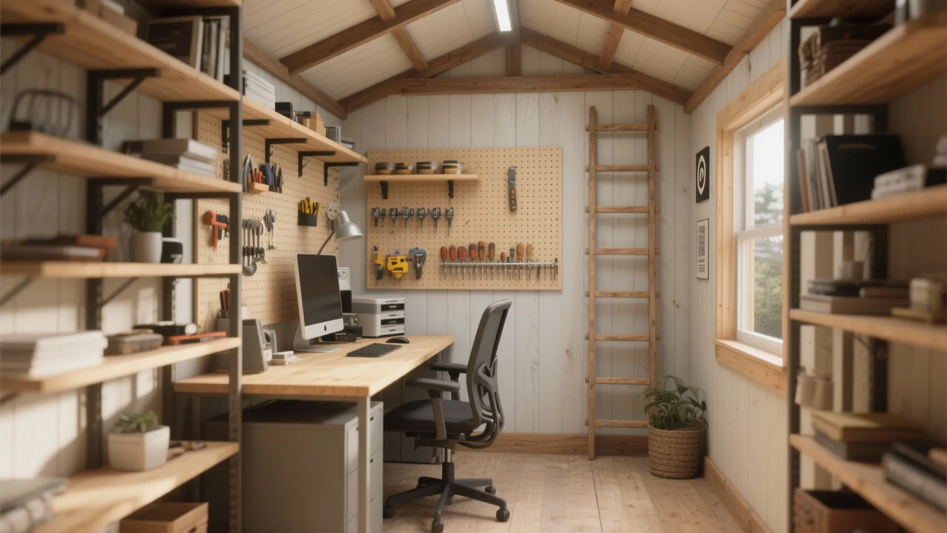 Interior of garden workshop with computer desk, office chair, wall tools, shelves, and wood ladder