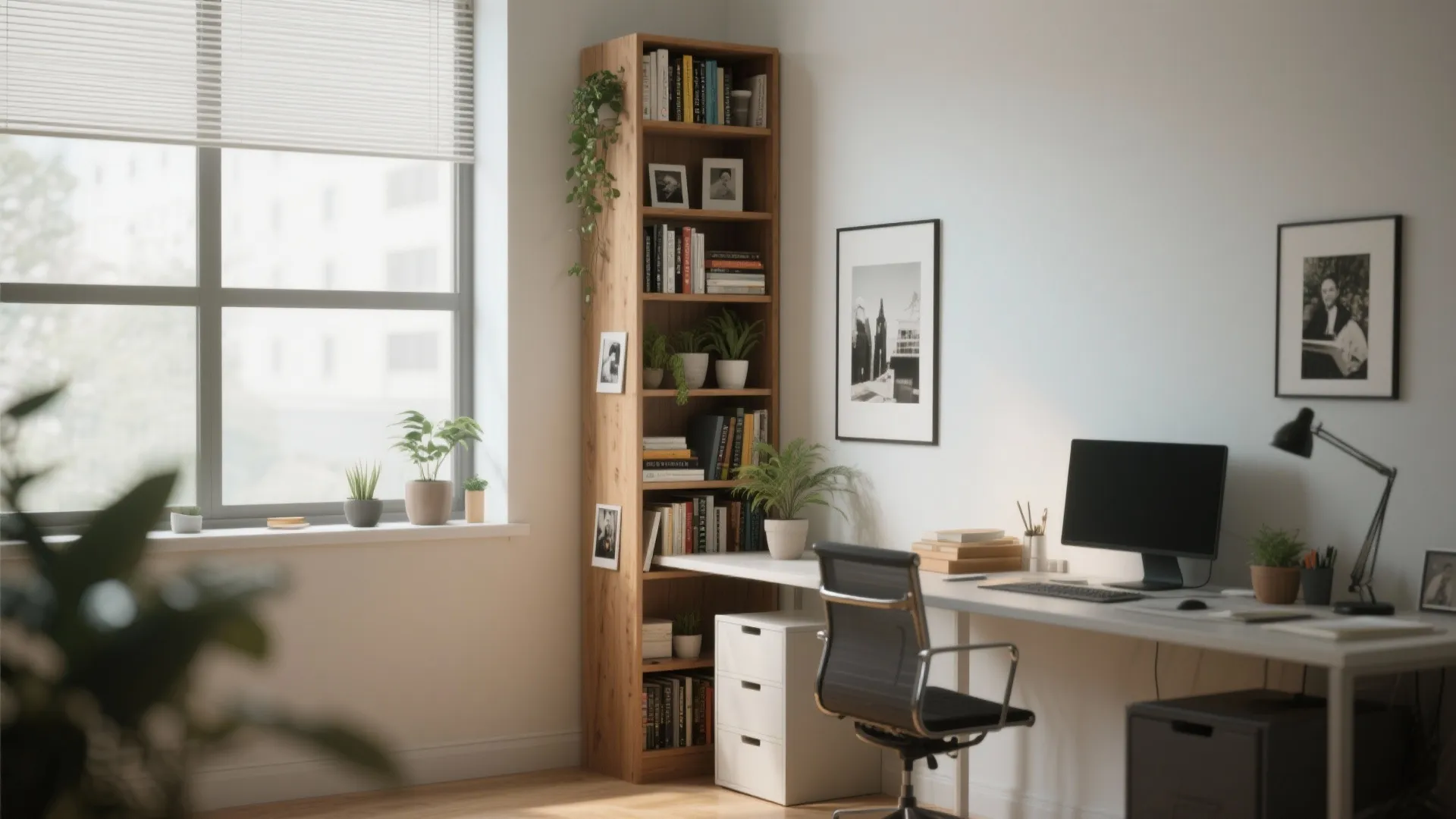 Tall wooden bookshelf next to white office desk with computer black chair and bright window