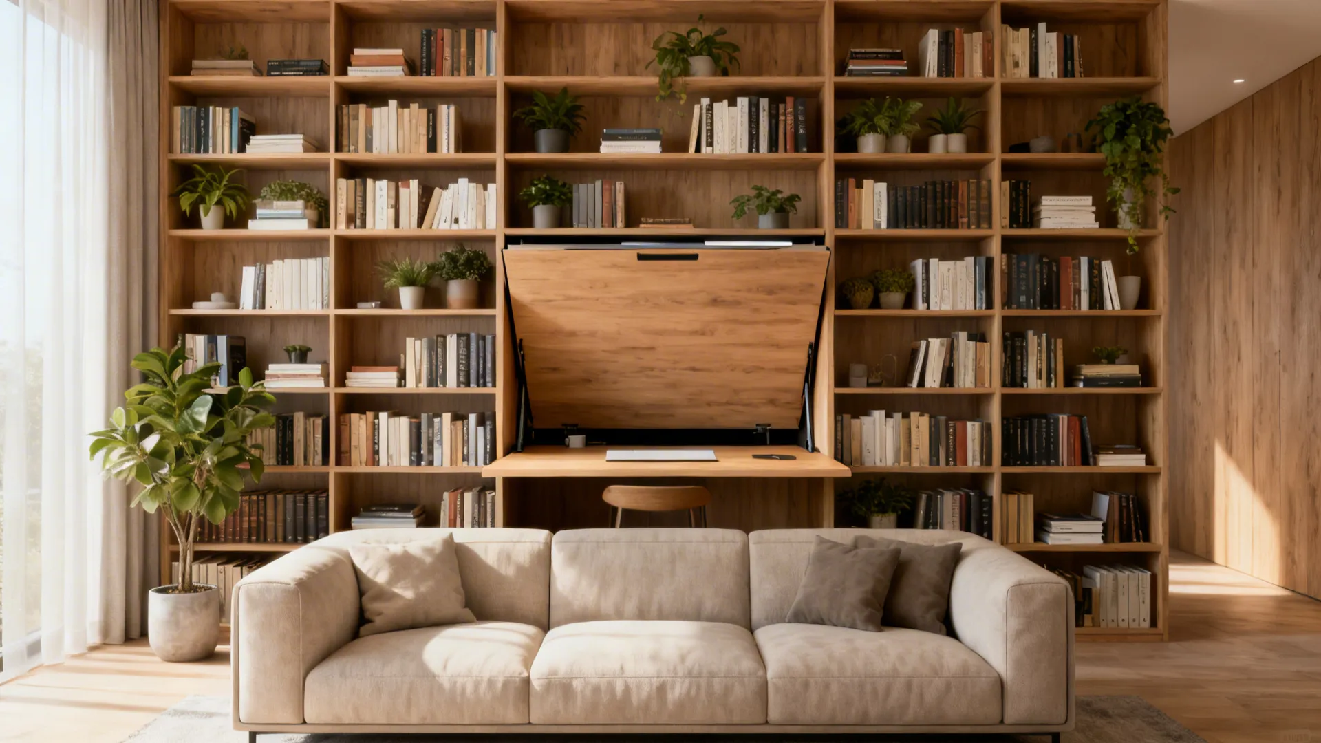 Floor-to-ceiling shelving behind a sofa with books, plants and a foldaway desk in a compact apartment
