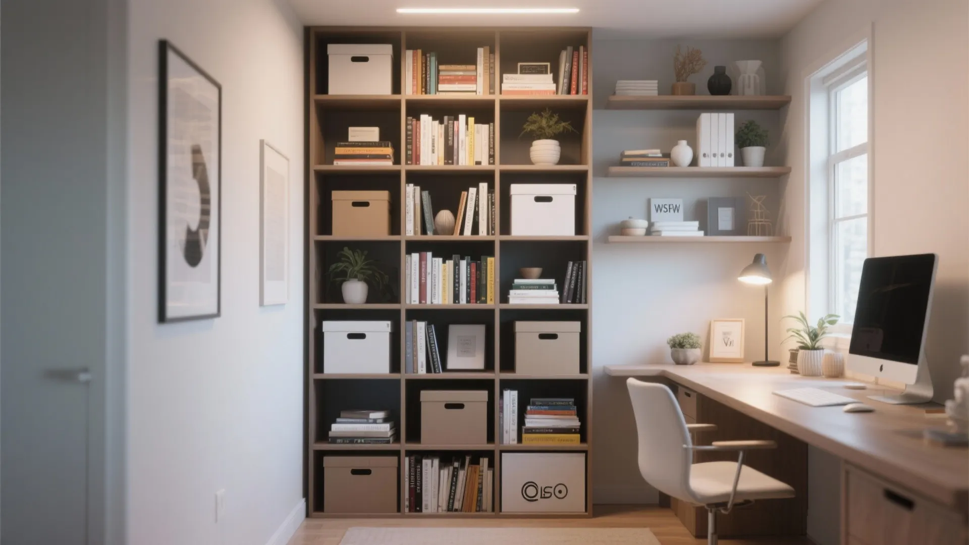 Large wooden bookshelf filled with books and storage boxes next to a desk with computer