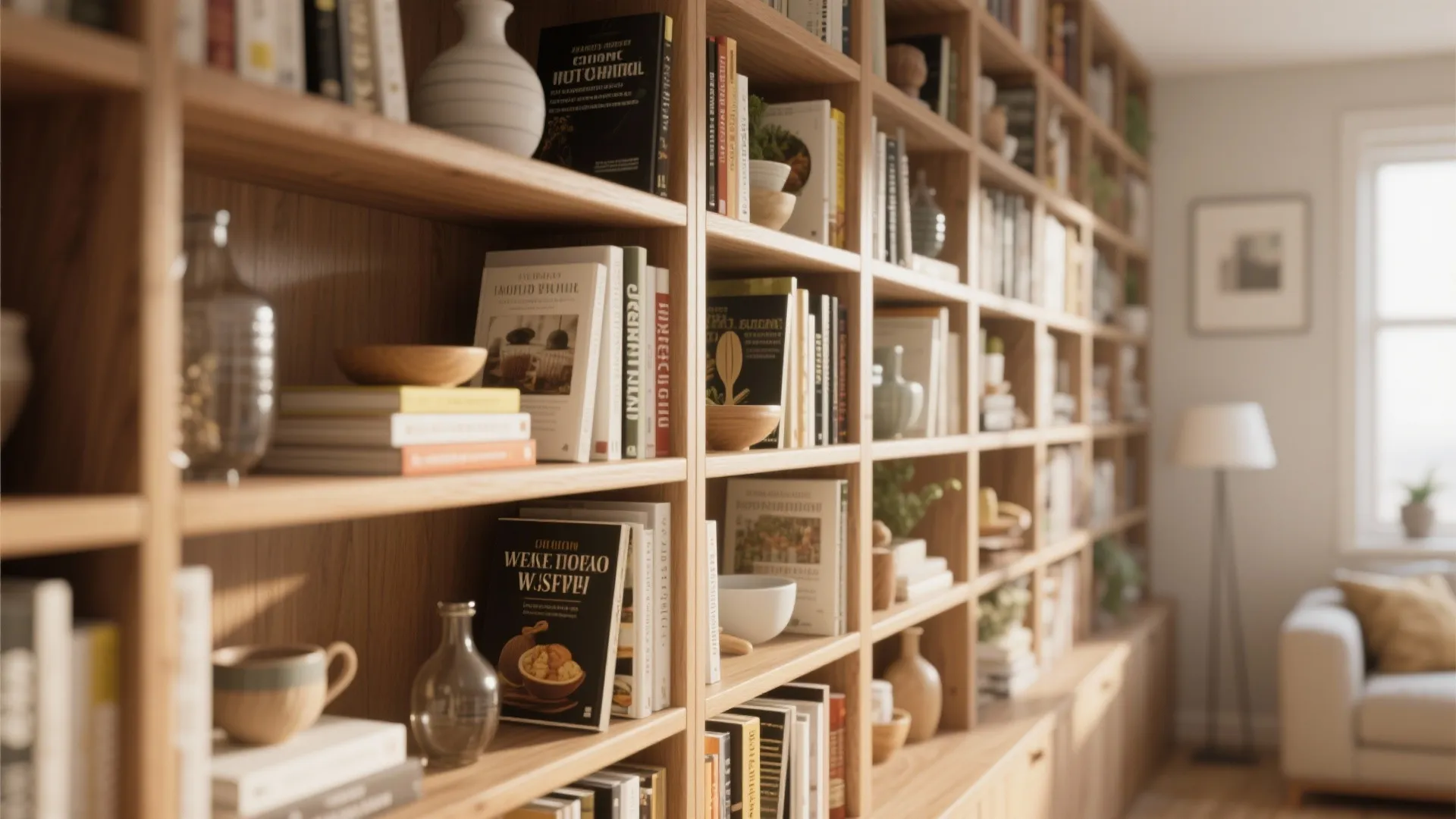 Tall bookshelf with cookbooks and decor in small home