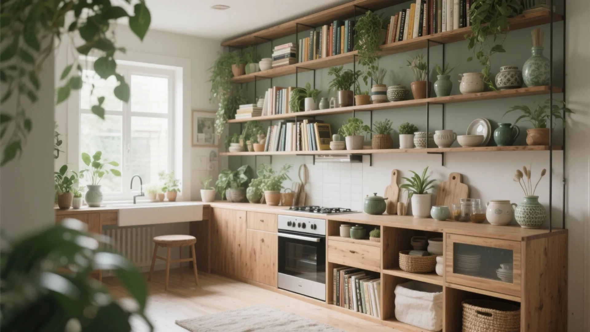 Kitchen interior design with wooden shelves green wall plants books cabinet oven and natural window light