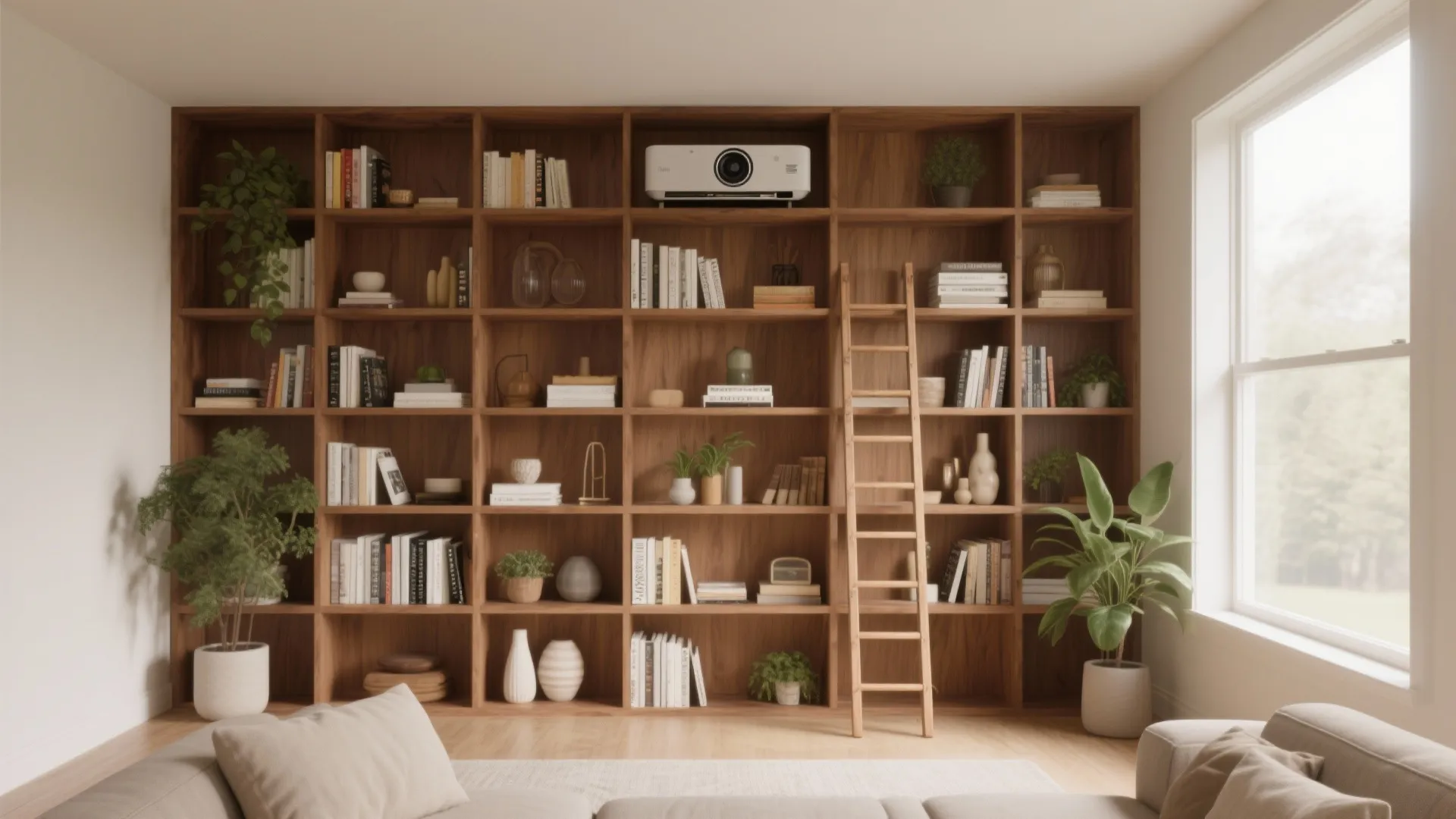 Large floor to ceiling wooden bookshelf with books plants a wooden ladder and white projector