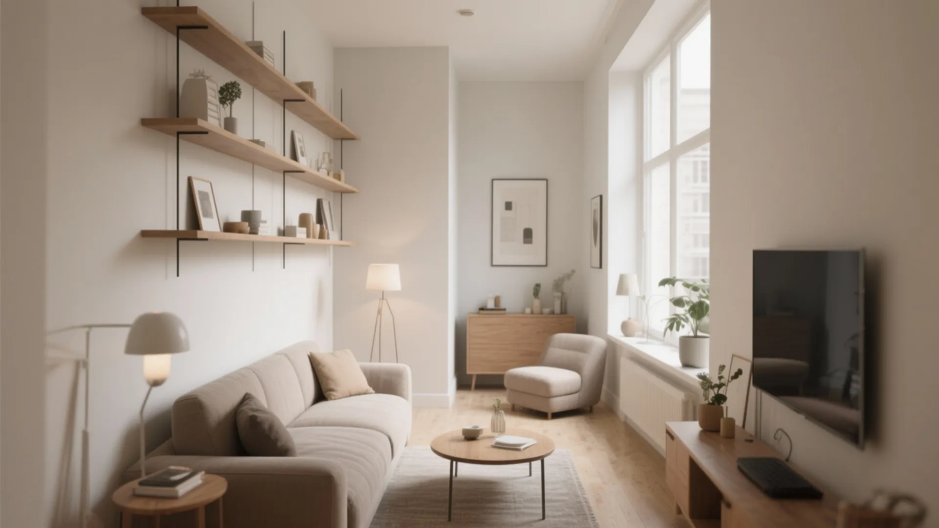 Bright living room with wooden wall shelves cream sofa round coffee table and large window view