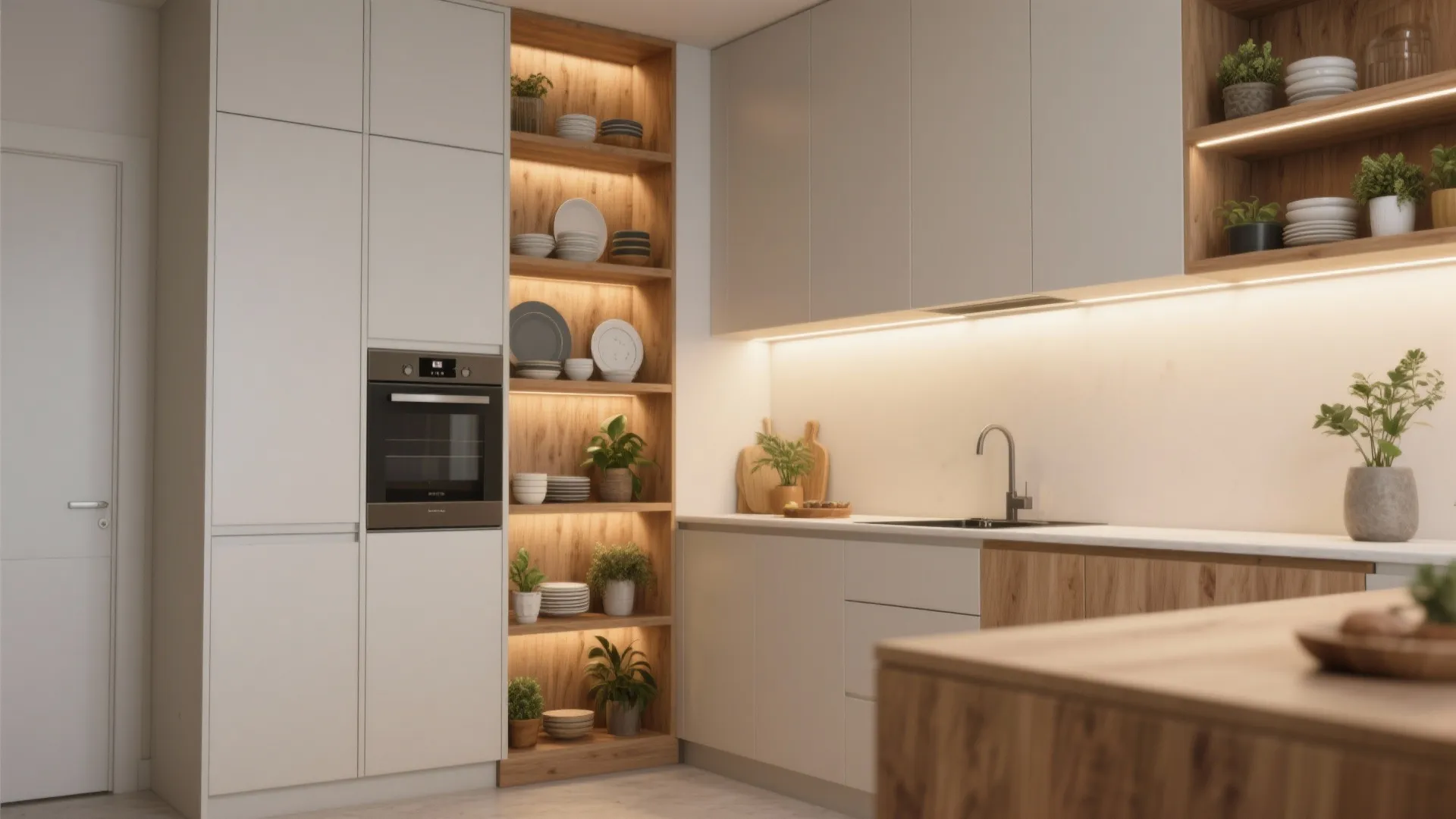 Full-height cabinets and open shelves in a small L-shaped kitchen to maximize vertical storage