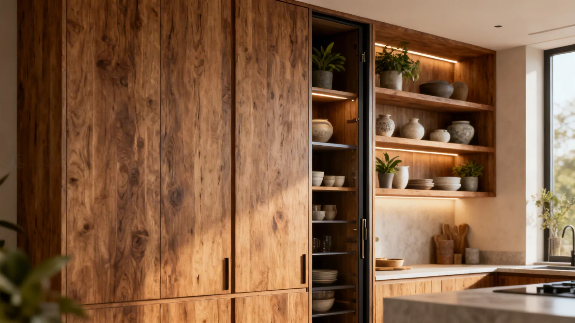 Tall cabinets and styled open shelves maximizing vertical storage in a small kitchen
