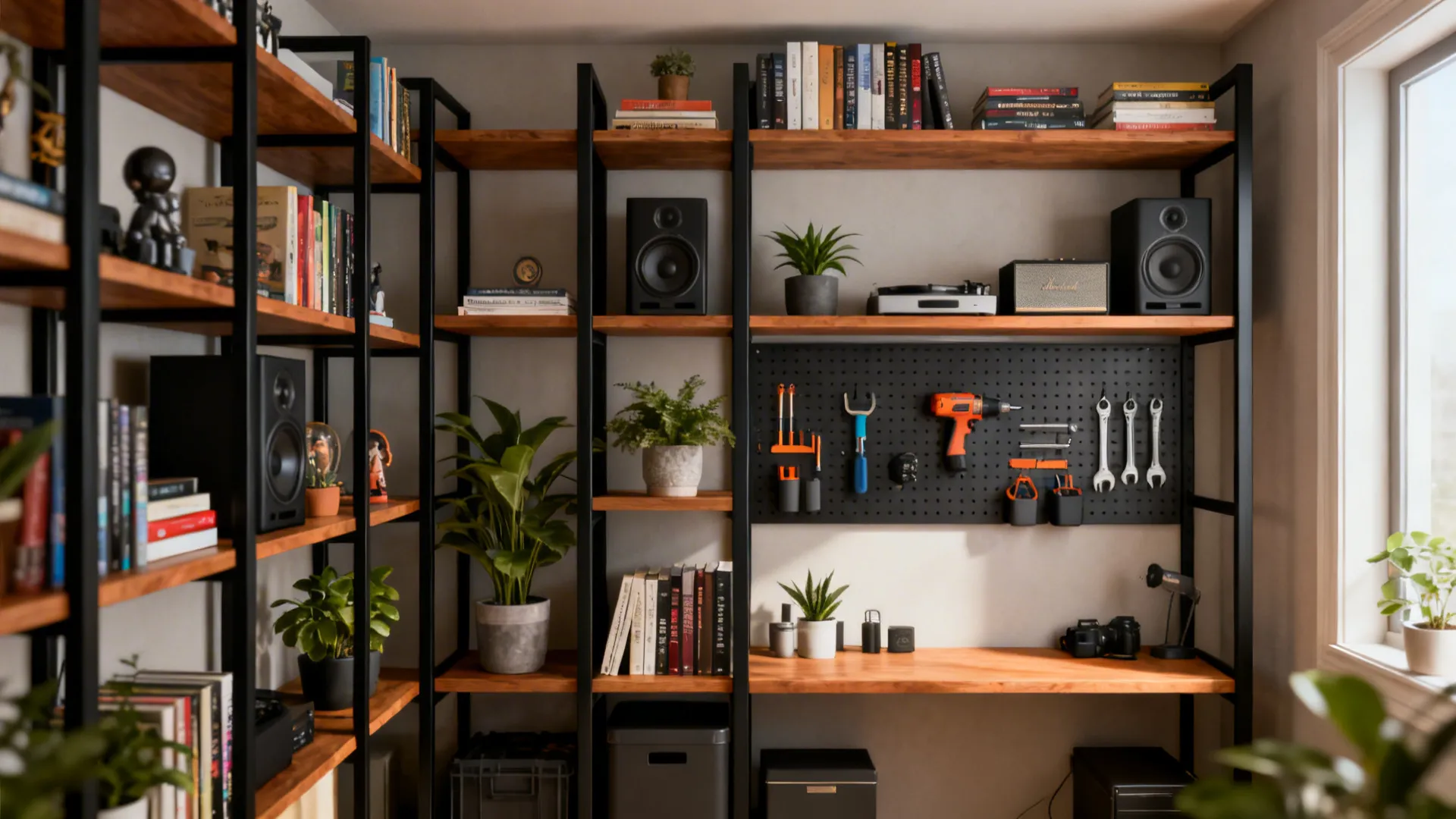 Floor-to-ceiling open shelving with curated items and pegboard in a compact room