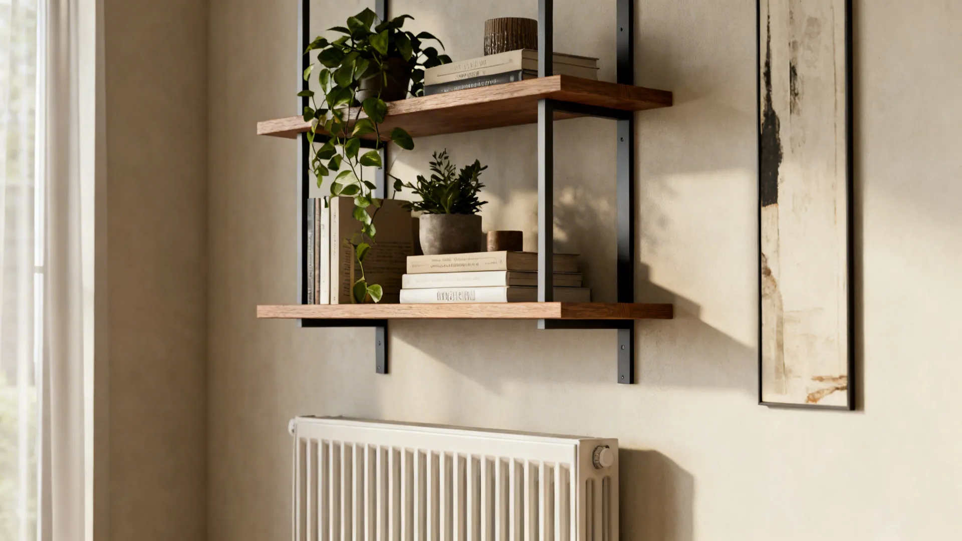 Stacked wall-mounted shelves above a radiator with plants and books, showing vertical storage maximizing space