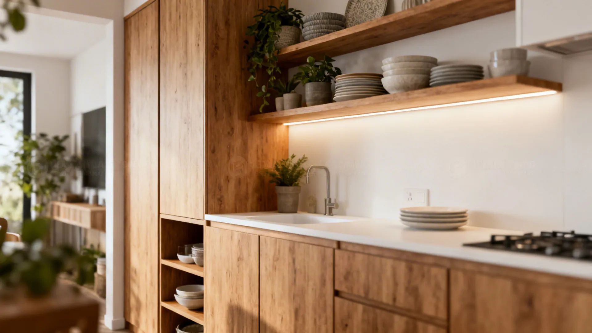 Tall cabinets and curated open shelving above a kitchen counter with warm materials and LED underlighting.