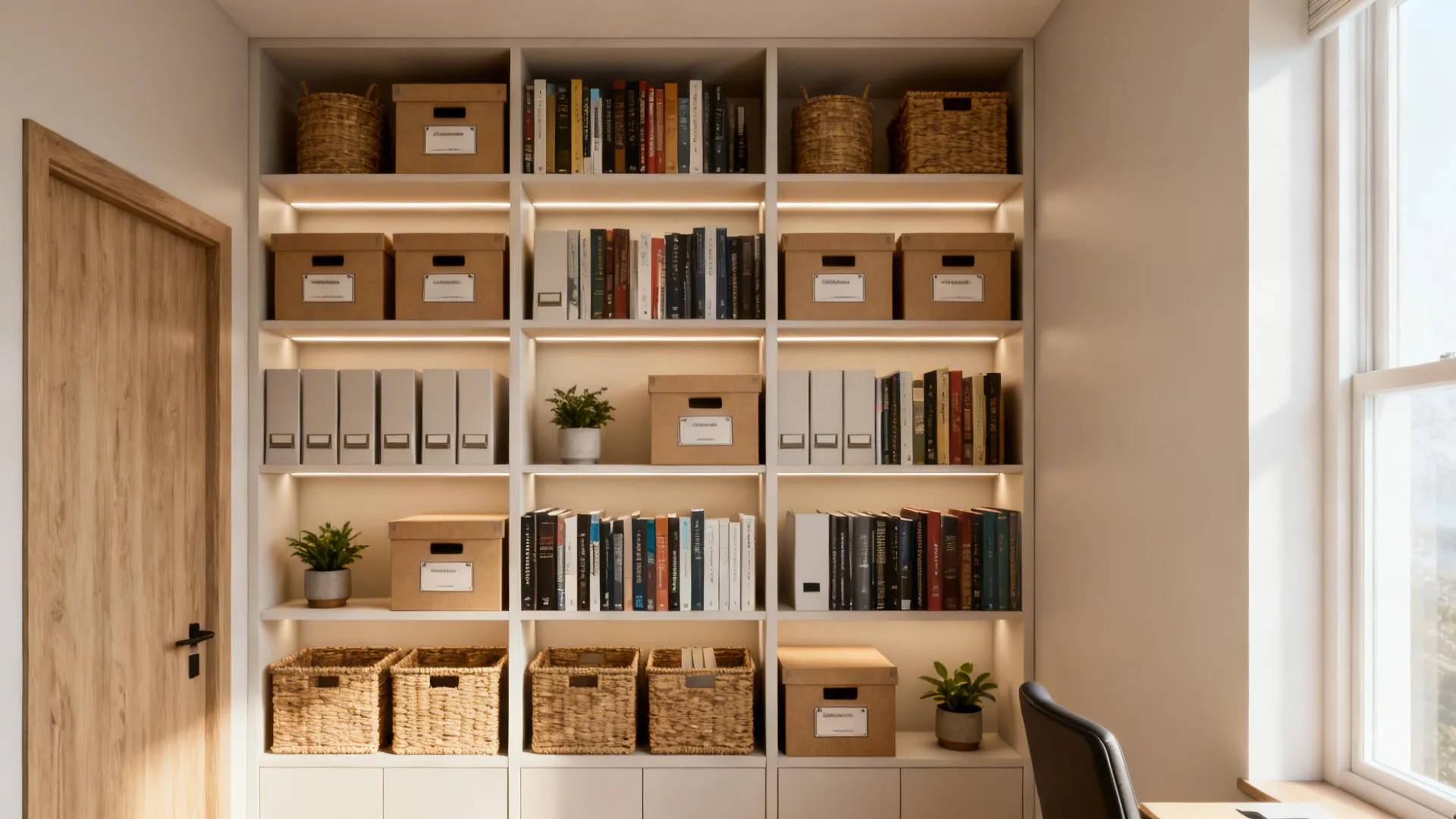 Tall built-in shelving with labeled boxes, baskets and integrated shelf lighting in a small office