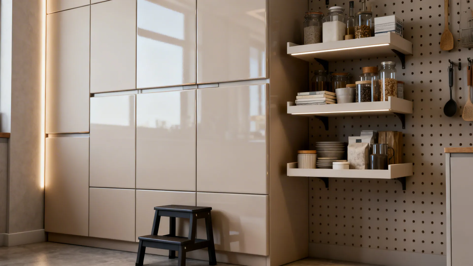 Tall pantry cabinets, pegboard and open shelves storing everyday items in a small kitchen