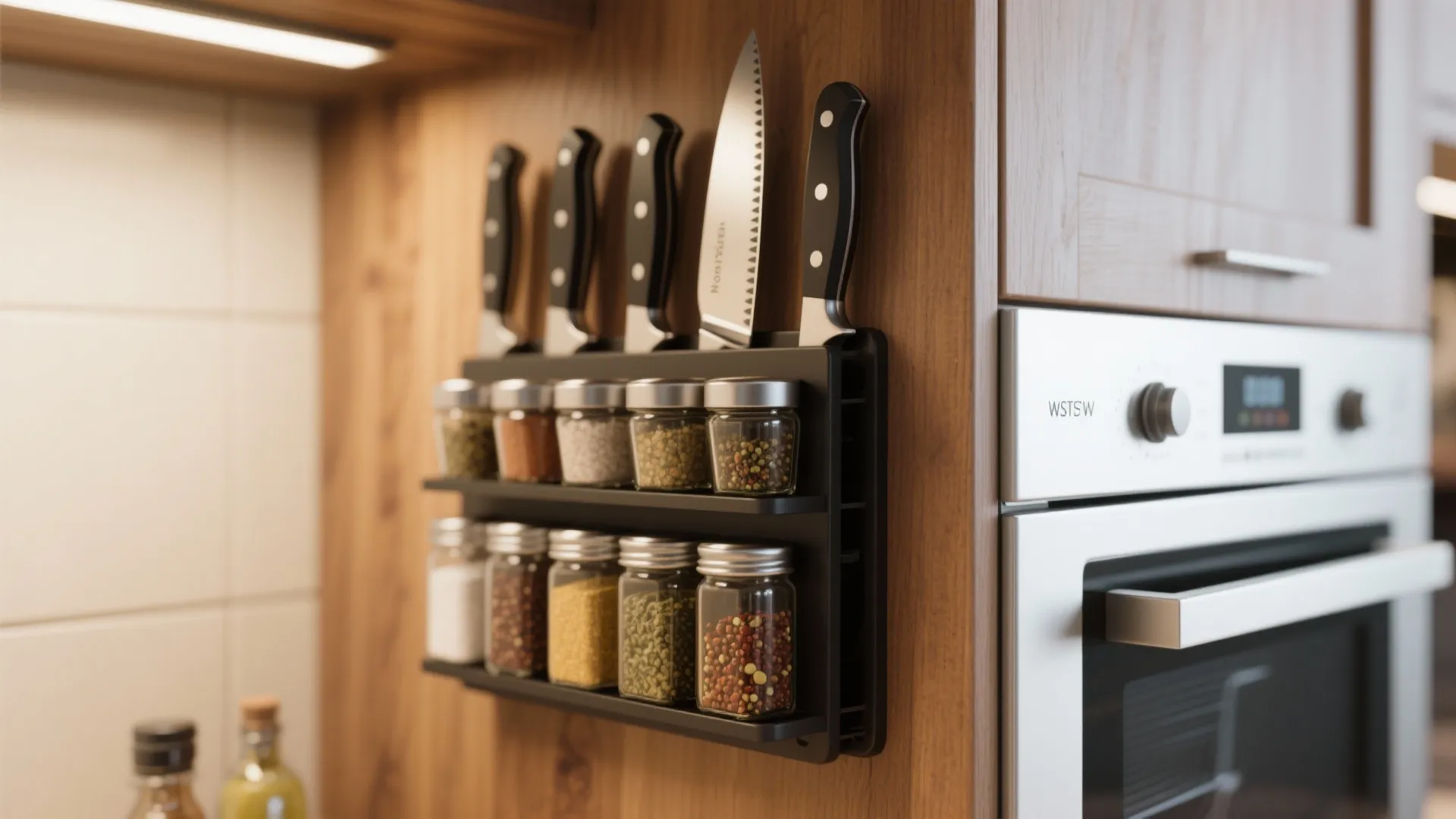 Black magnetic spice rack with glass jars and knives attached to side of wooden cabinet
