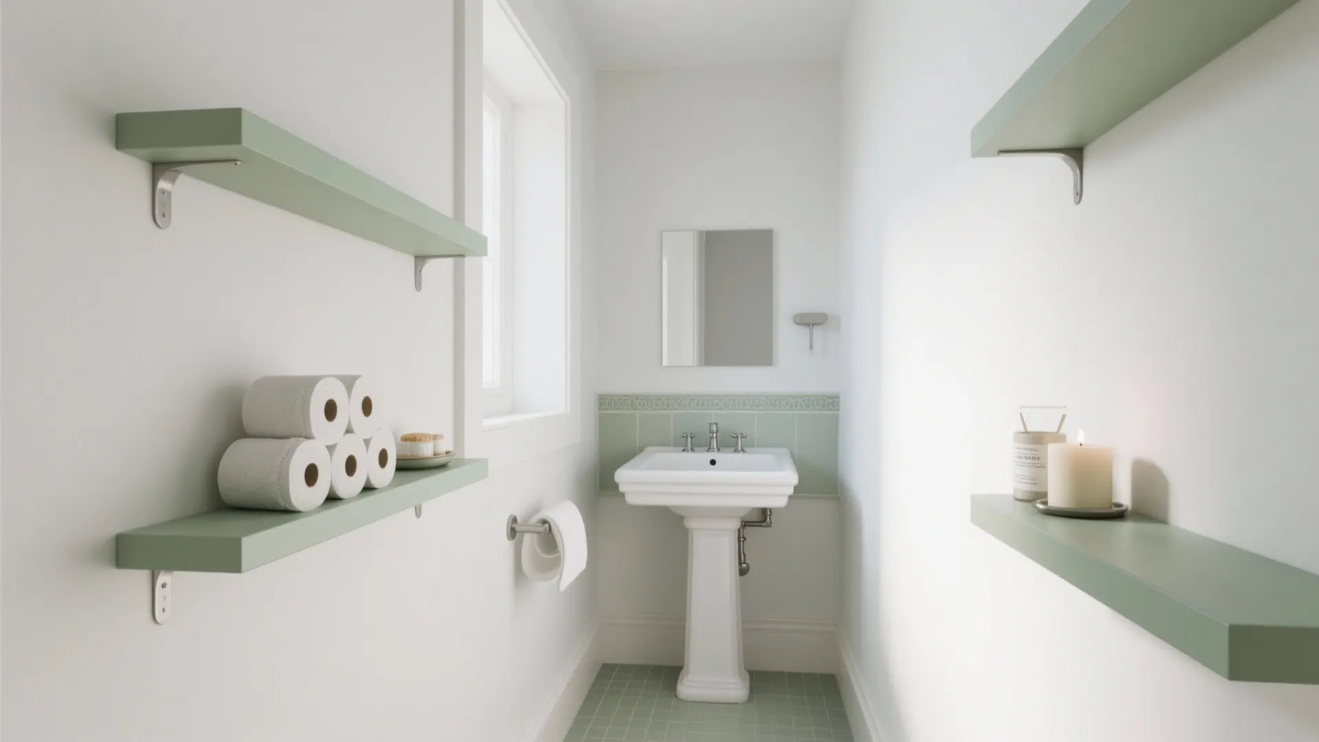 1) Minimal, vertical storage that doesn’t crowd the pedestal