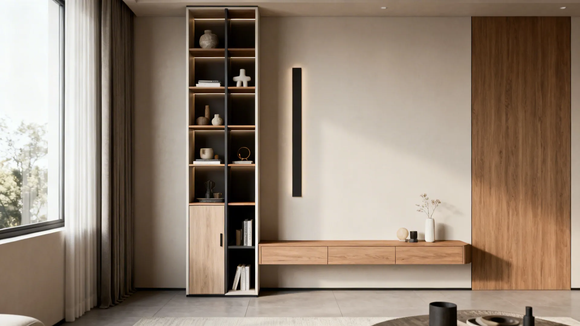 Tall slim shelving and wall-mounted console in a compact living room maximizing vertical storage.