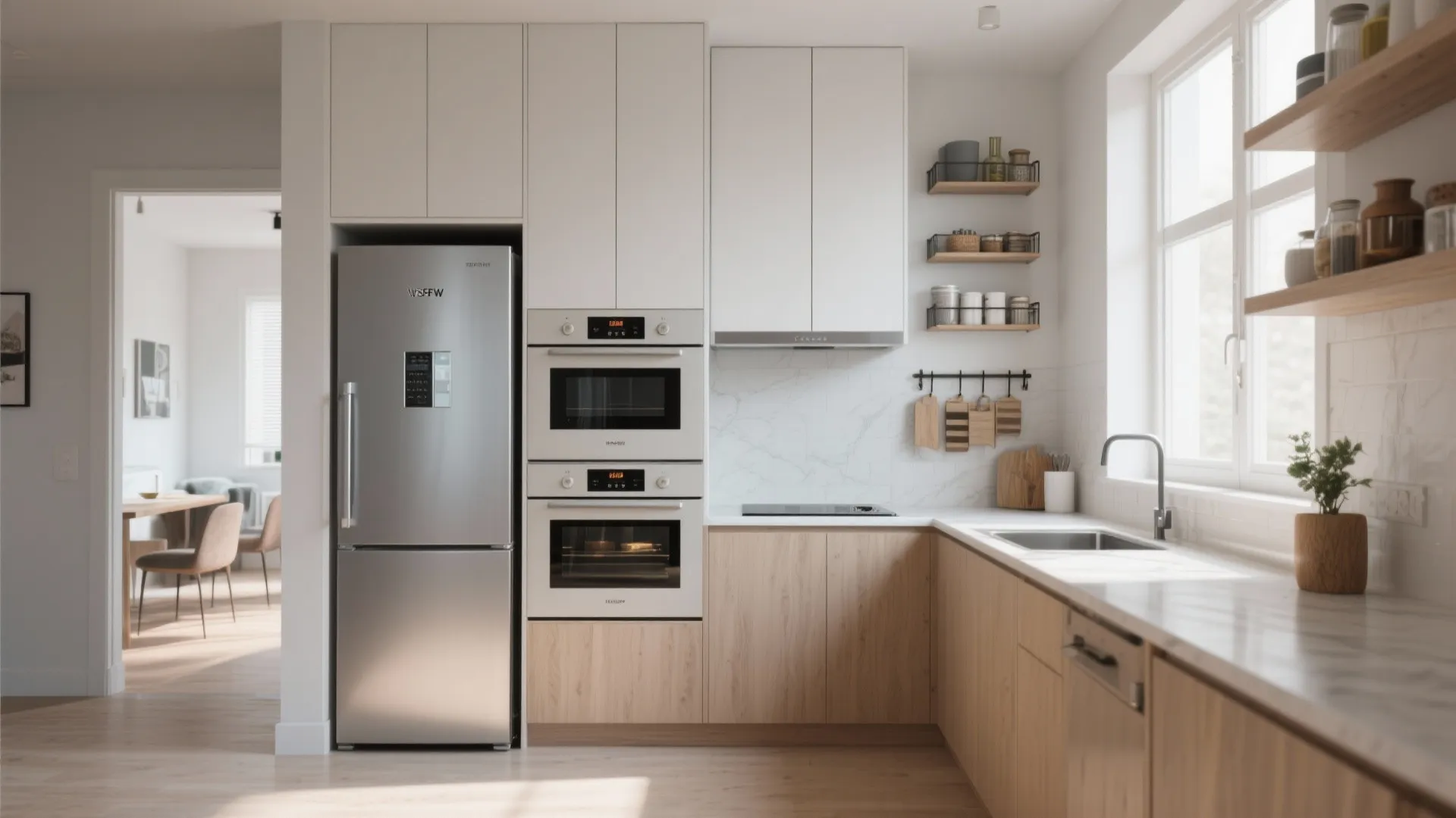 Tall cabinetry and a slim 24-inch fridge with stacked oven optimizing vertical space in a compact kitchen.
