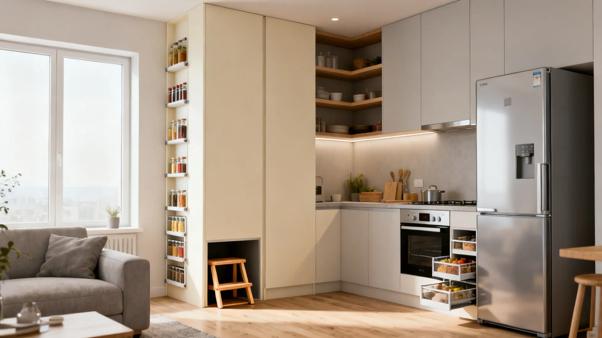 Tall cabinets and narrow appliances maximize storage in a small kitchen