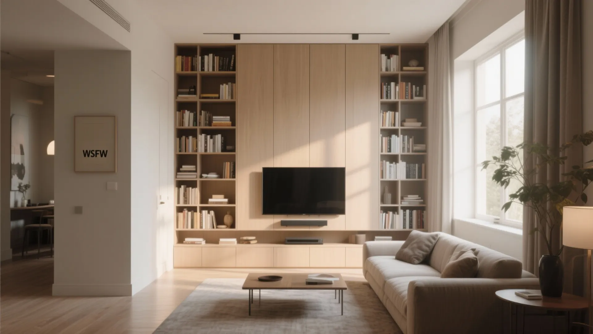 Living room interior design drawing with large wooden wall cabinet surrounding a wall mounted television