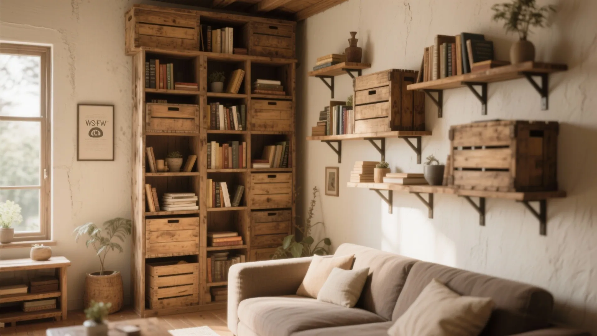 Tall wooden bookshelf and wall shelves using crates for storage next to a brown fabric sofa