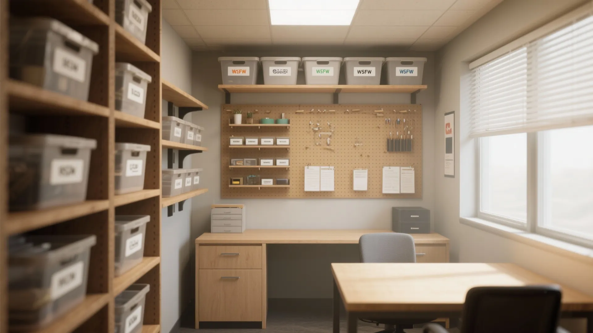 Storage room with wooden shelves, plastic bins, pegboard for tools, desk, chair, and large window