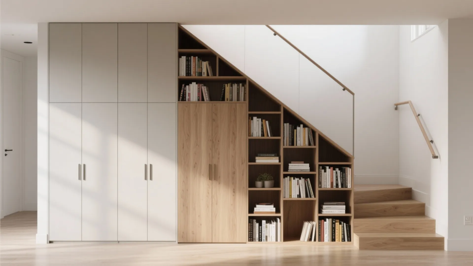 Custom wooden cabinet and shelving unit built under stairs for smart room layout storage solution