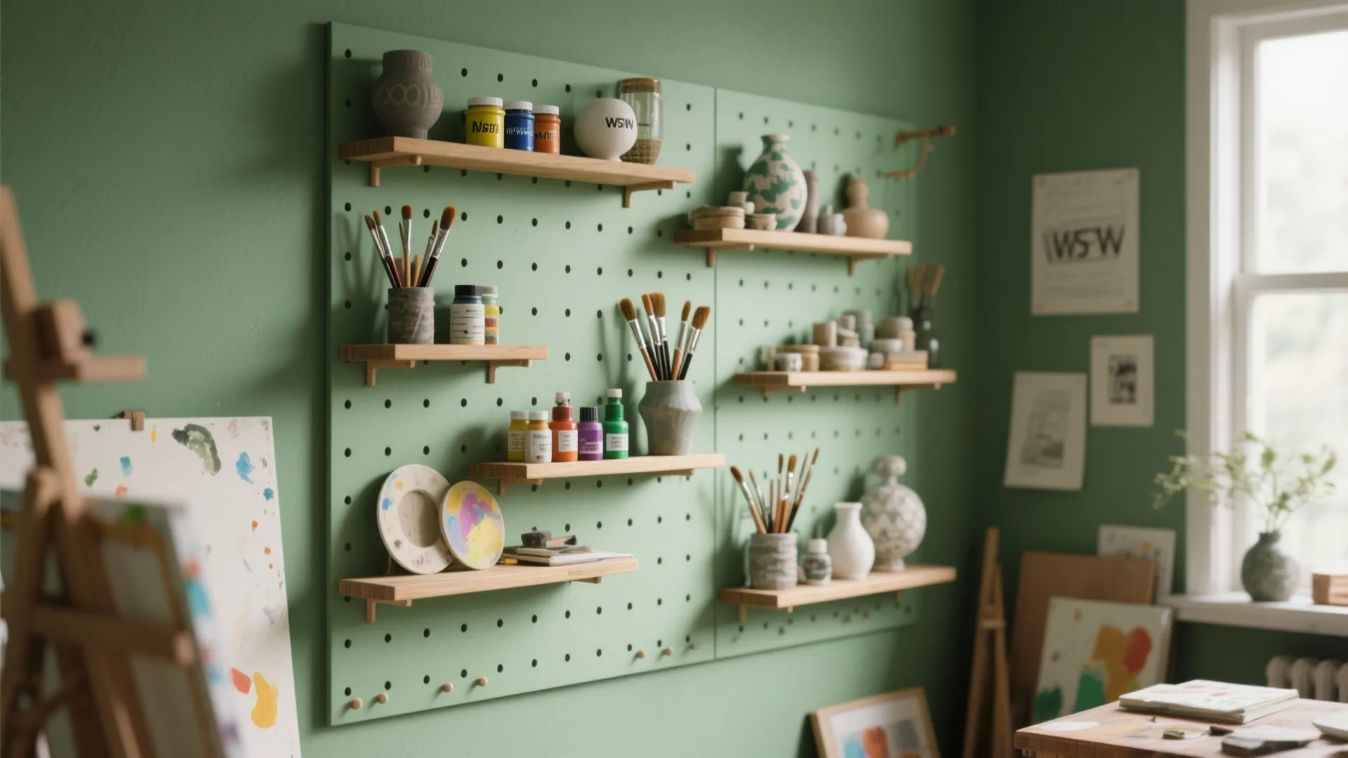 Green pegboard with wooden shelves holding paint bottles, brushes, ceramic pots, and small art supplies