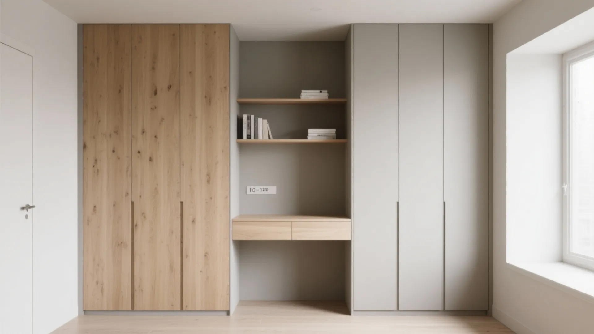 4) Built-in verticals: upper shelves + shallow tall cabinet