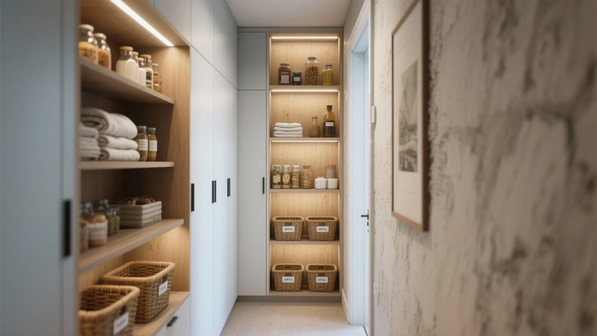 Modern hallway with built-in wooden shelving units, storage baskets, glass jars, towels, and warm lighting
