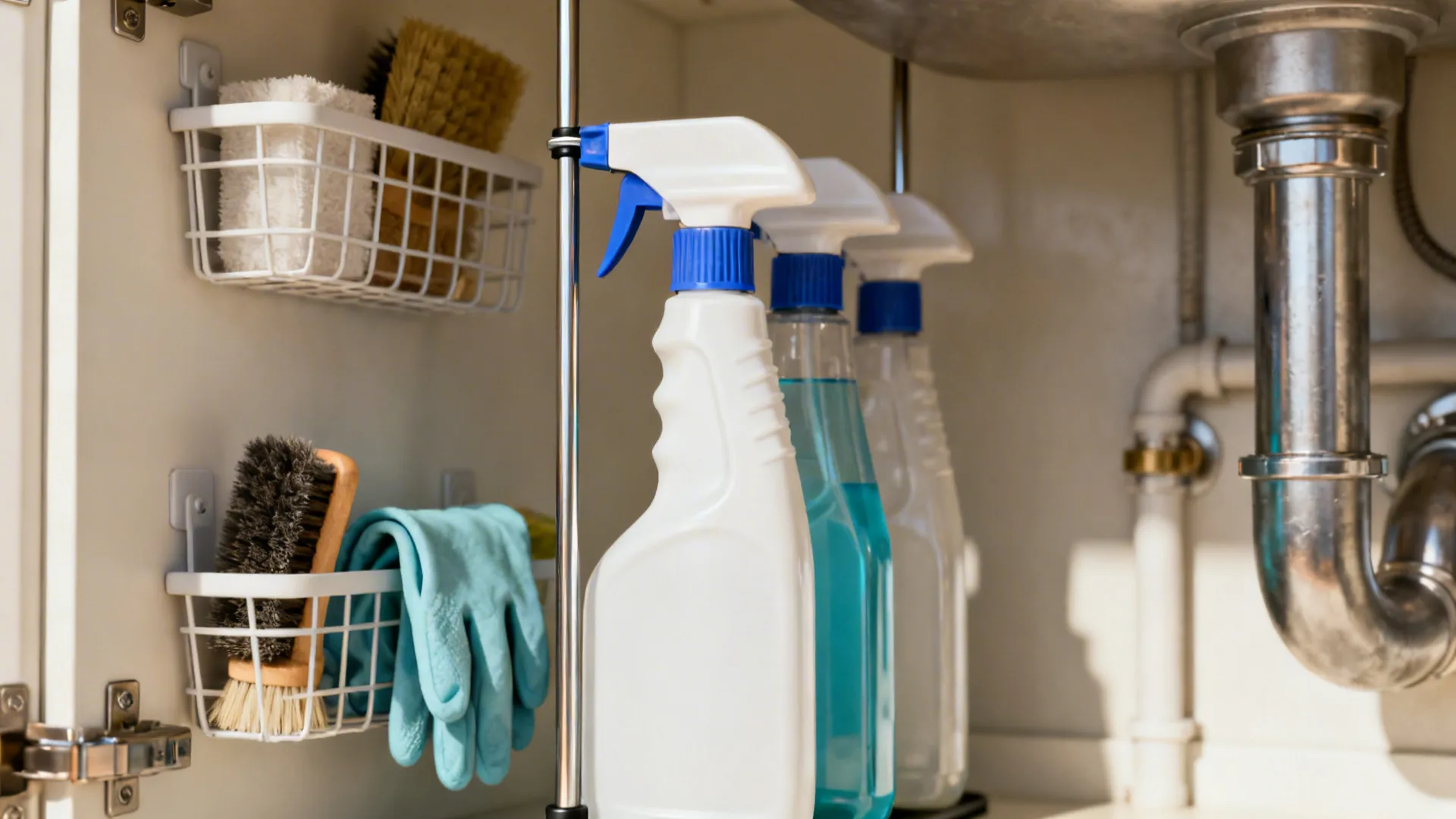 Tension rods and wall-mounted baskets storing spray bottles and brushes under a sink.